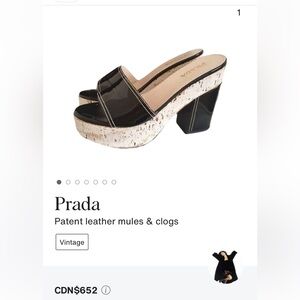 Prada 37 Black Patent Leather Mule Cork Platform Heel White Stitch Excellent